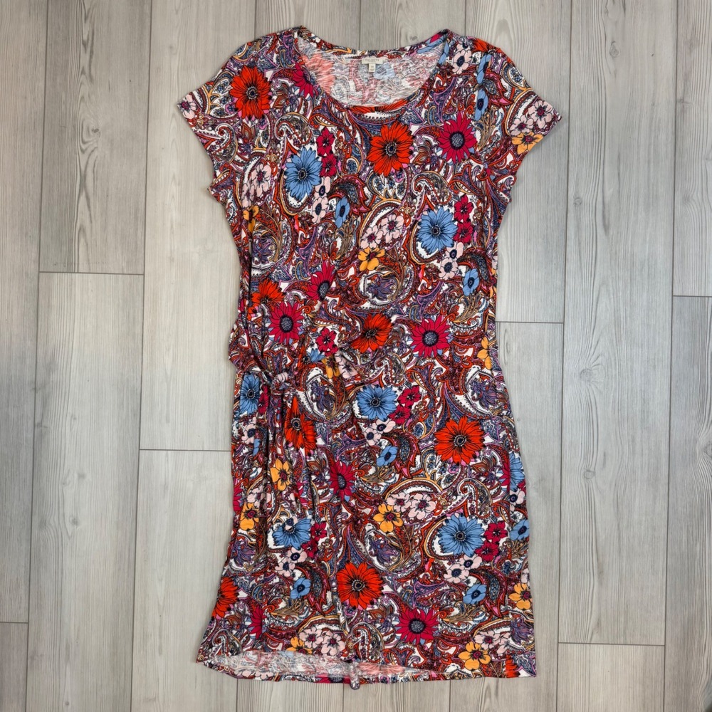 Talbots Plus 2X Floral Paisley Side Knot Cotton Jersey Short Sleeve Dress